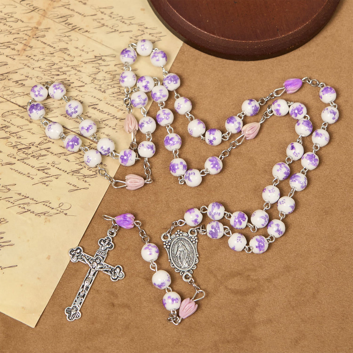 PRAYERFUL FAITH: Handmade Purple Flower Beads Rosary with Gift Card