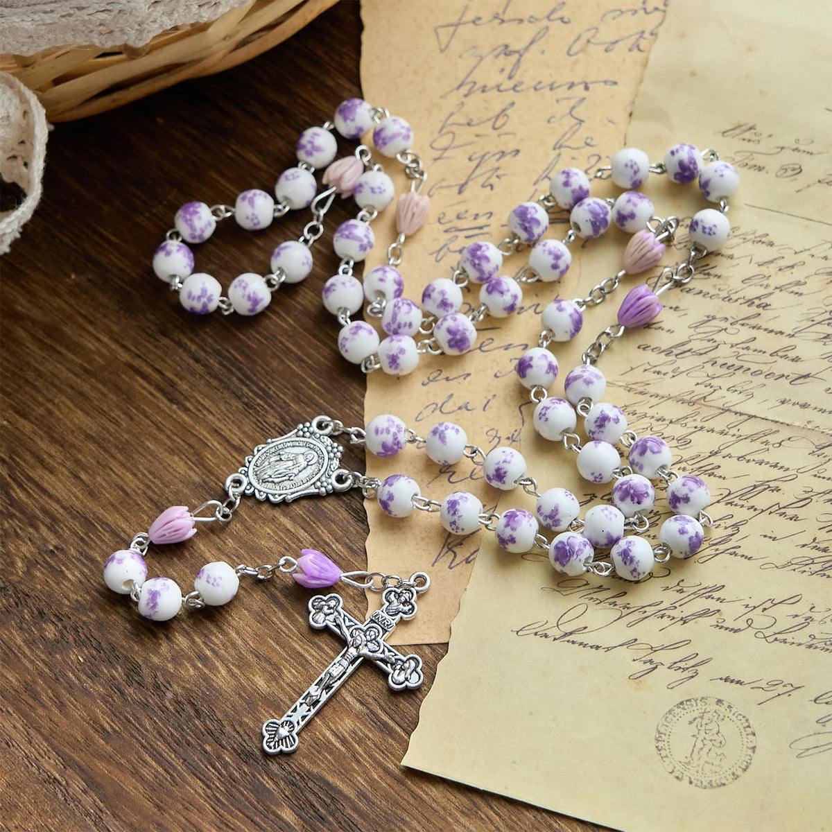 Miraculous Medal & Crucifix of 8mm Ceramics Beads Handmade Rosary
