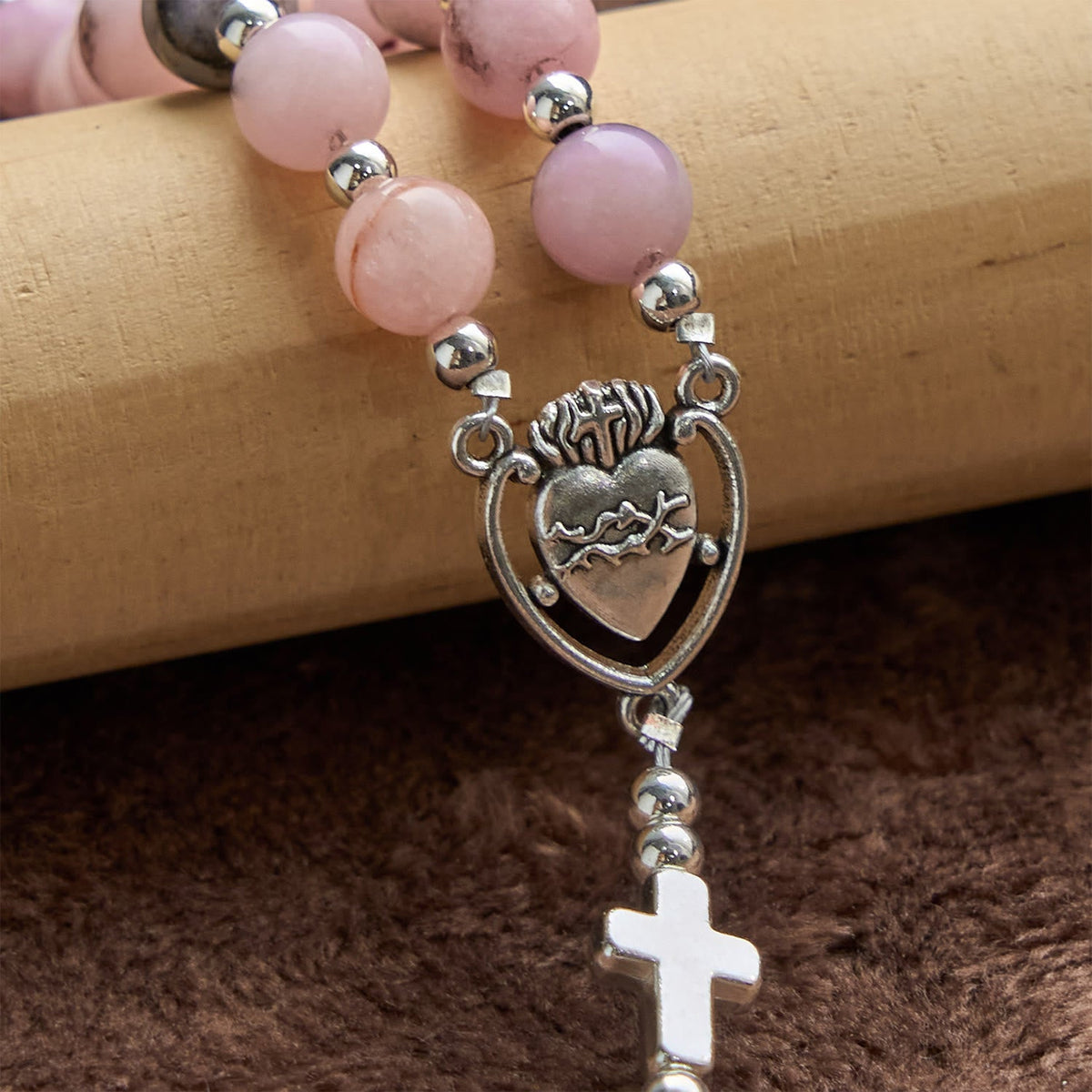 Handmade Rosary with Pink Round Beads & Crucifix – A Floral Tribute to the Sacred Heart