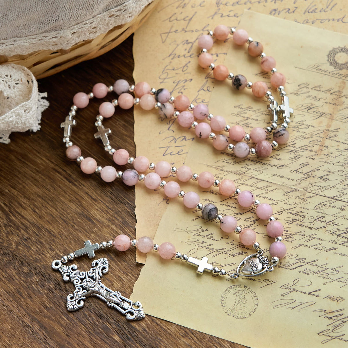 Handmade Rosary with Pink Round Beads & Crucifix – A Floral Tribute to the Sacred Heart