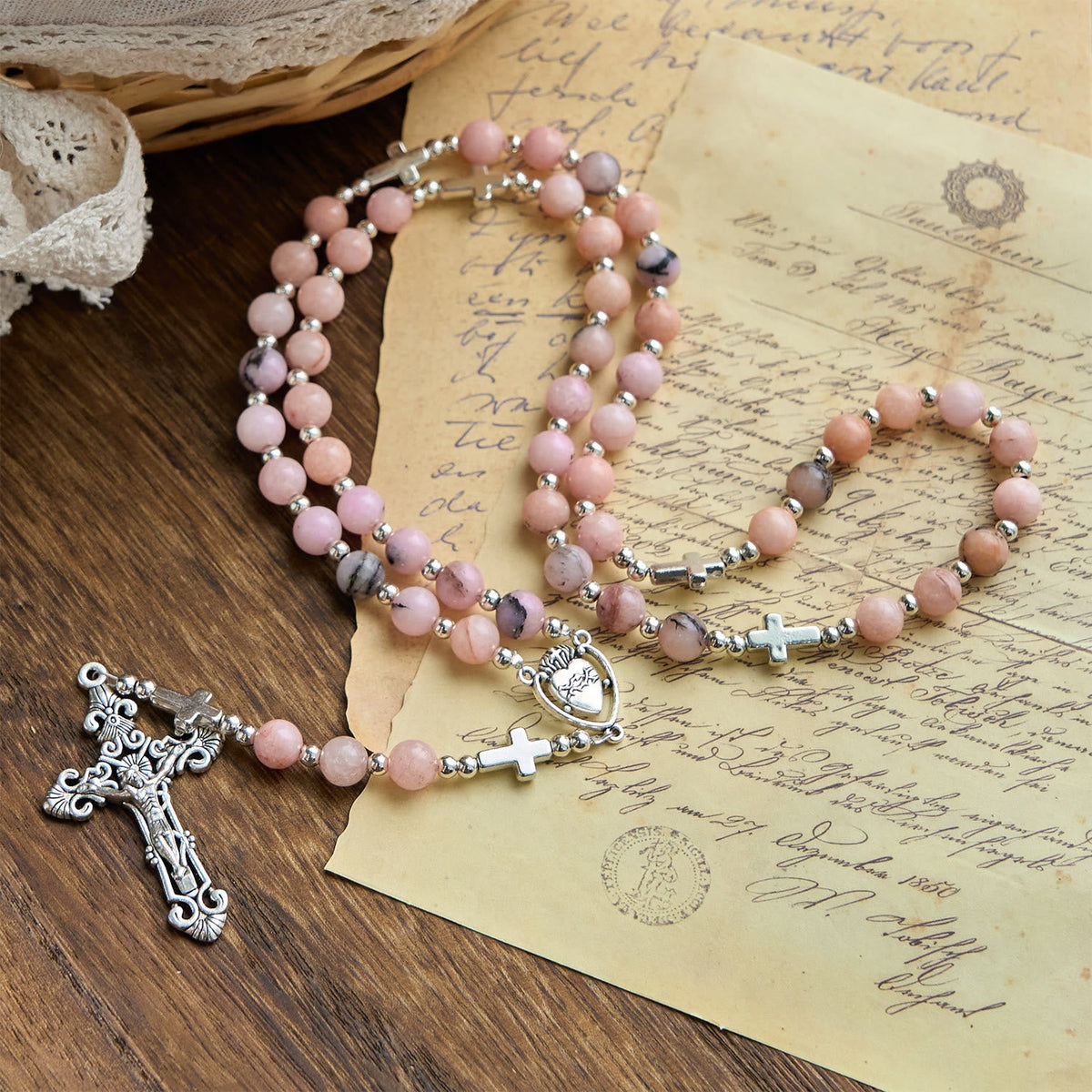 PRAYERFUL FAITH:Handmade Pink Round Beads Rosary with Gift Card