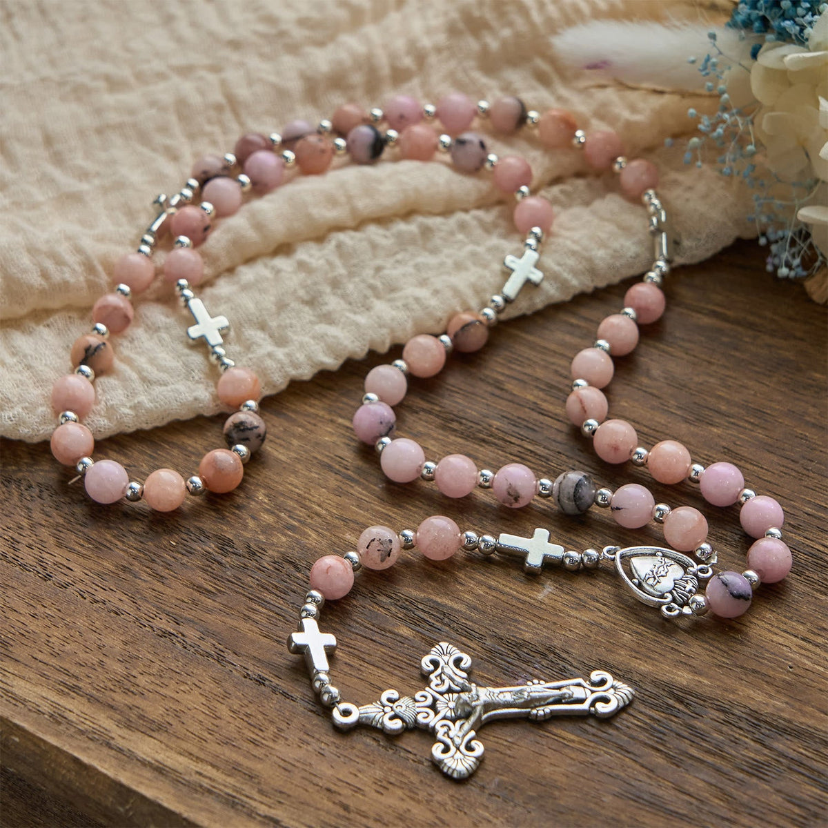 Handmade Rosary with Pink Round Beads & Crucifix – A Floral Tribute to the Sacred Heart