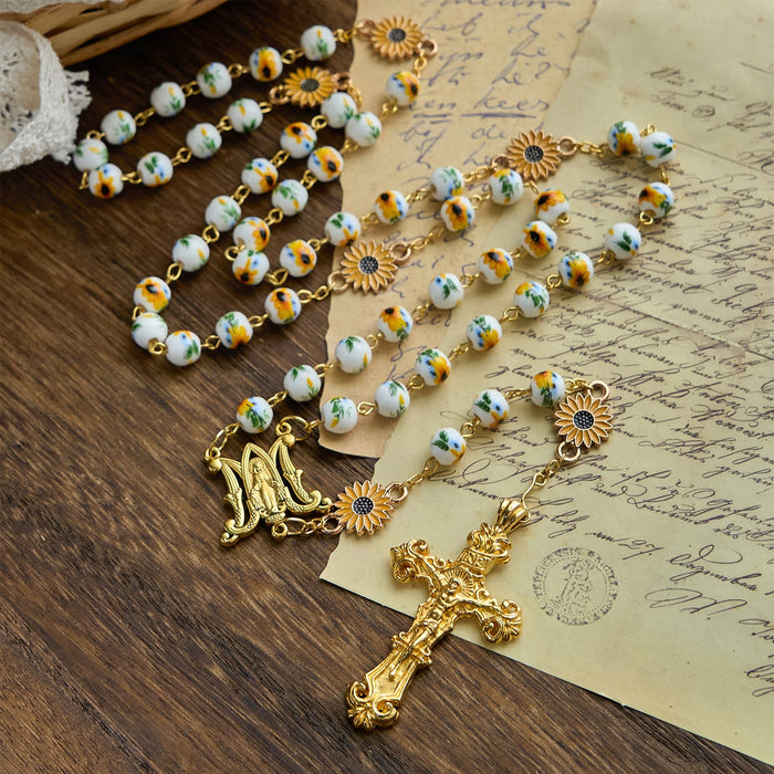 Handmade Sunflower-Inspired Rosary: A Divine Creation with Yellow Floral Beads