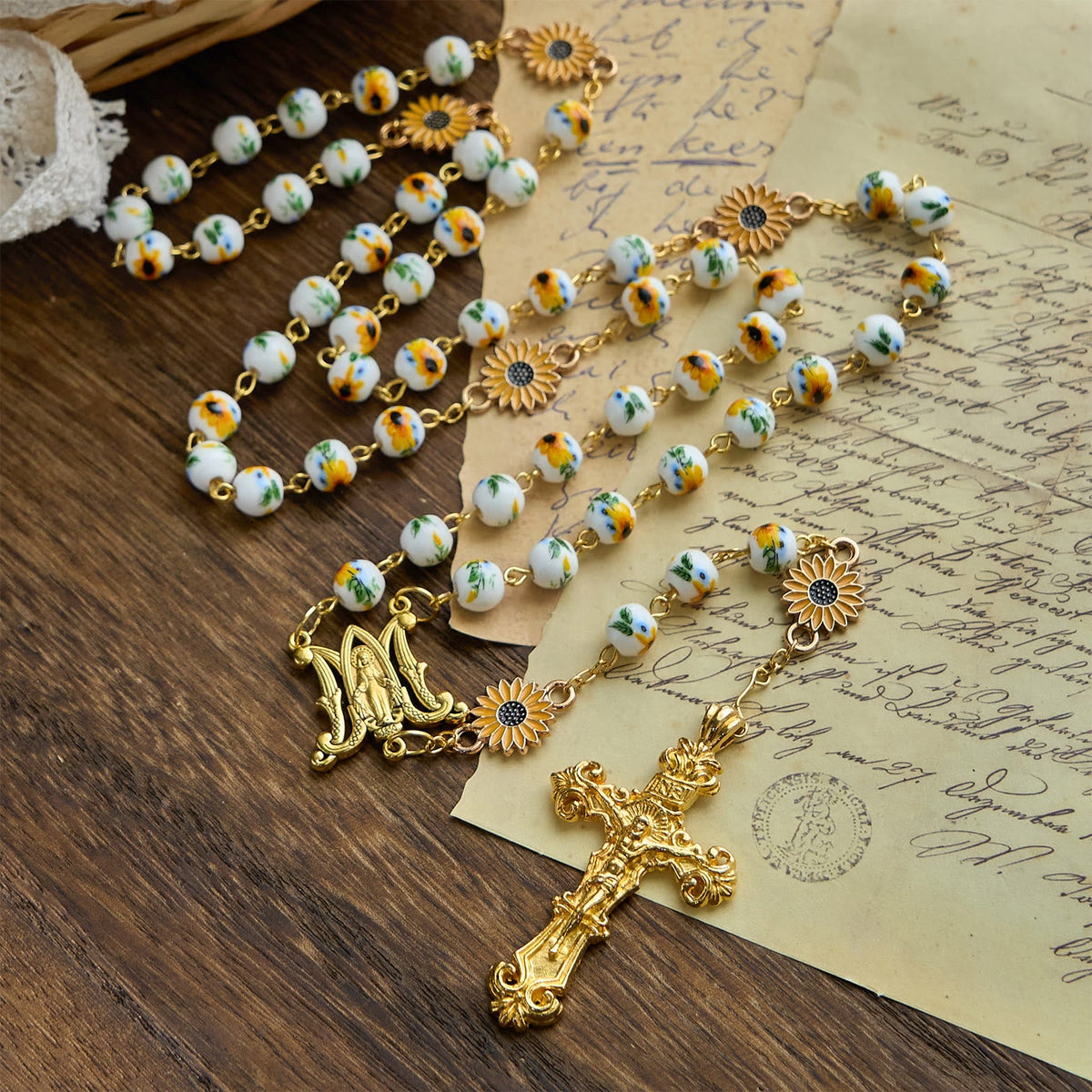 Jesus Is The Gift: Handmade Sunflower-Inspired Yellow Floral Rosary with Gift Card