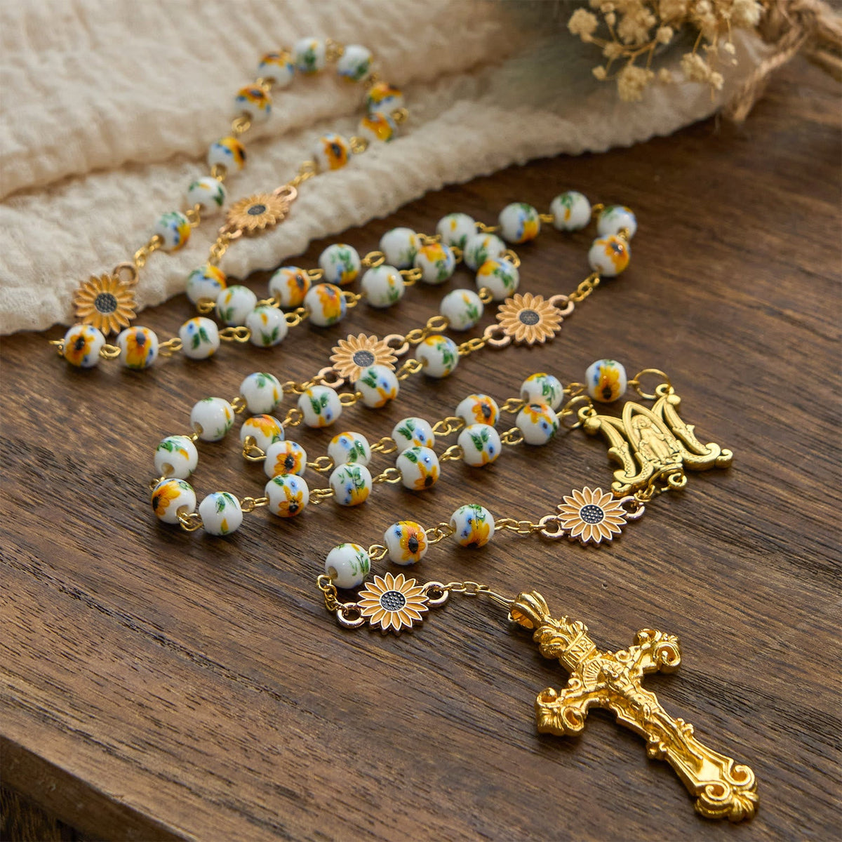 Jesus Is The Gift: Handmade Sunflower-Inspired Yellow Floral Rosary with Gift Card