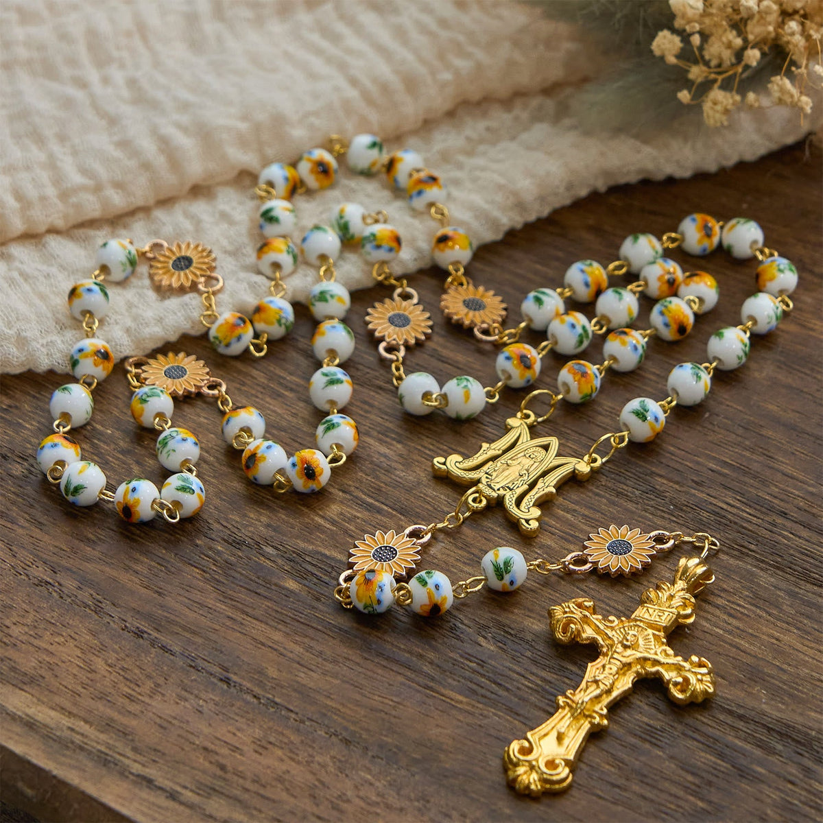 Jesus Is The Gift: Handmade Sunflower-Inspired Yellow Floral Rosary with Gift Card