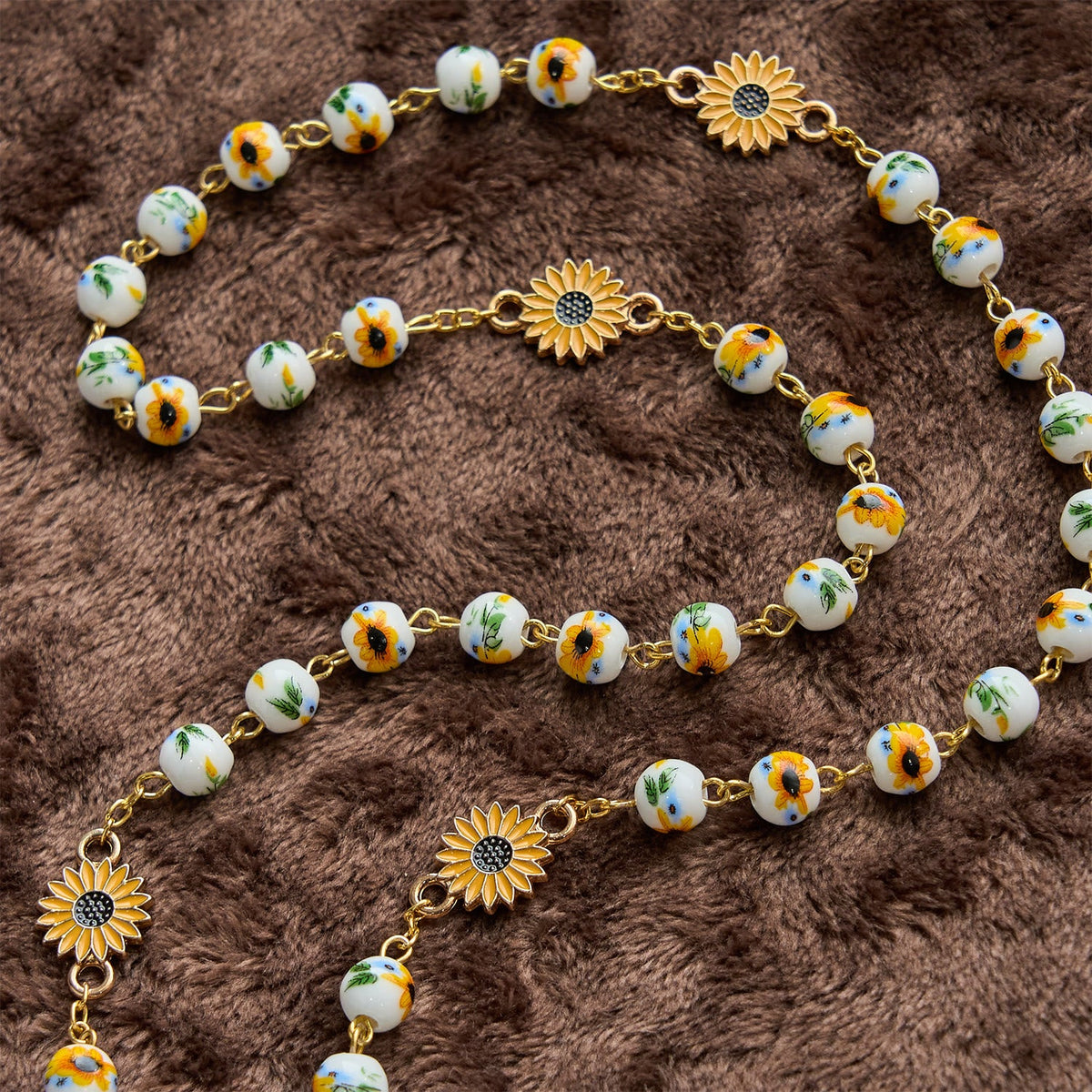 Handmade Sunflower-Inspired Rosary: A Divine Creation with Yellow Floral Beads