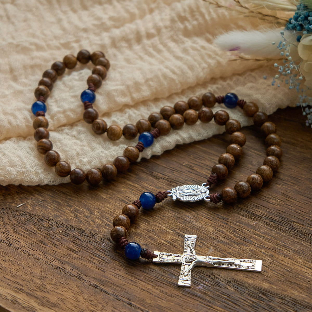 PRAYERFUL FAITH: Handmade Gold sandalwood Rosary with Our Lady of Guadalupe