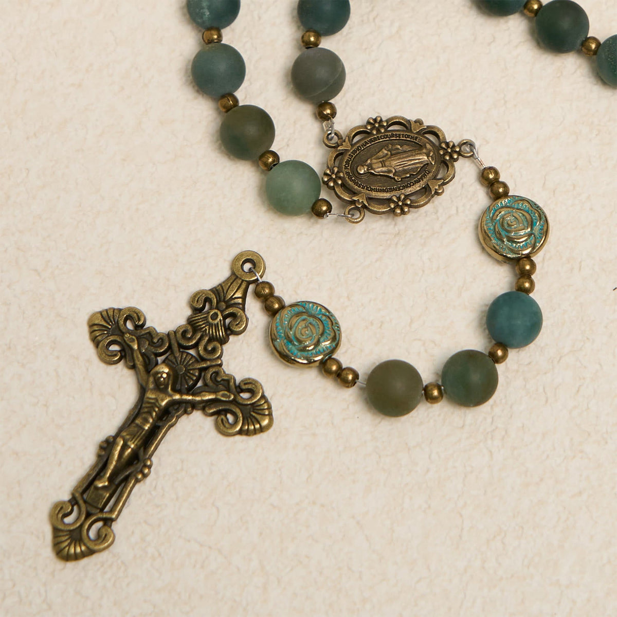 Green Agate Prayer Rosary with Bronze Rose Accents: A Sacred Journey of Healing and Faith