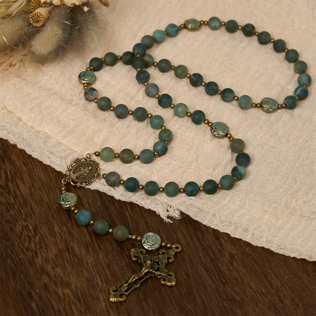 Green Agate Prayer Rosary with Bronze Rose Accents: A Sacred Journey of Healing and Faith