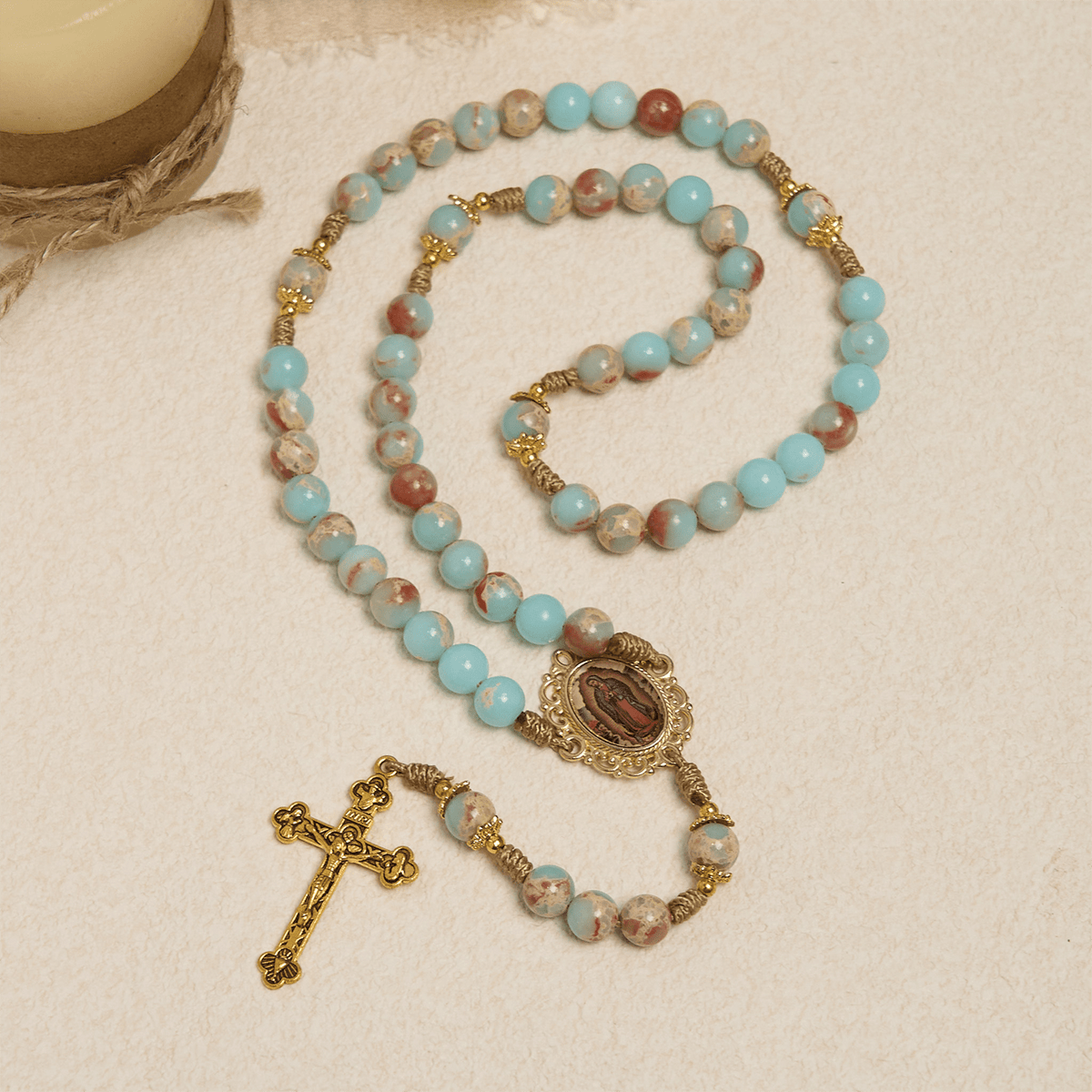 PRAYERFUL FAITH: Handmade Aqua Stone Prayer Rosary with Gift Card