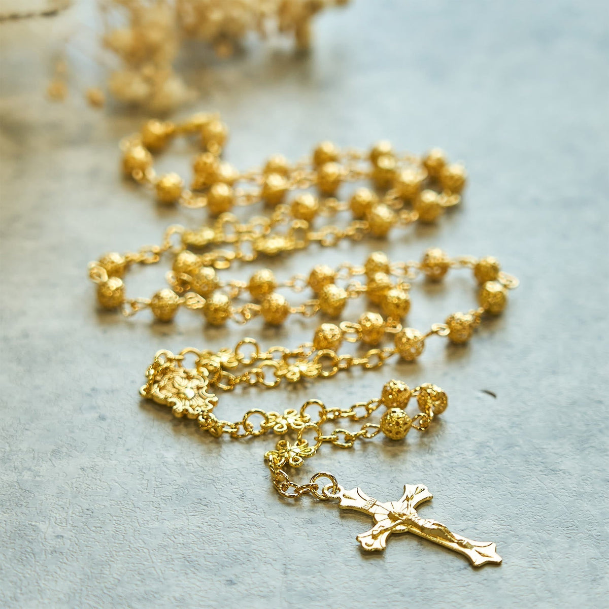 Sacred Heart of Jesus & Crucifix of 6mm Golden Metal Ball Flower Necklace