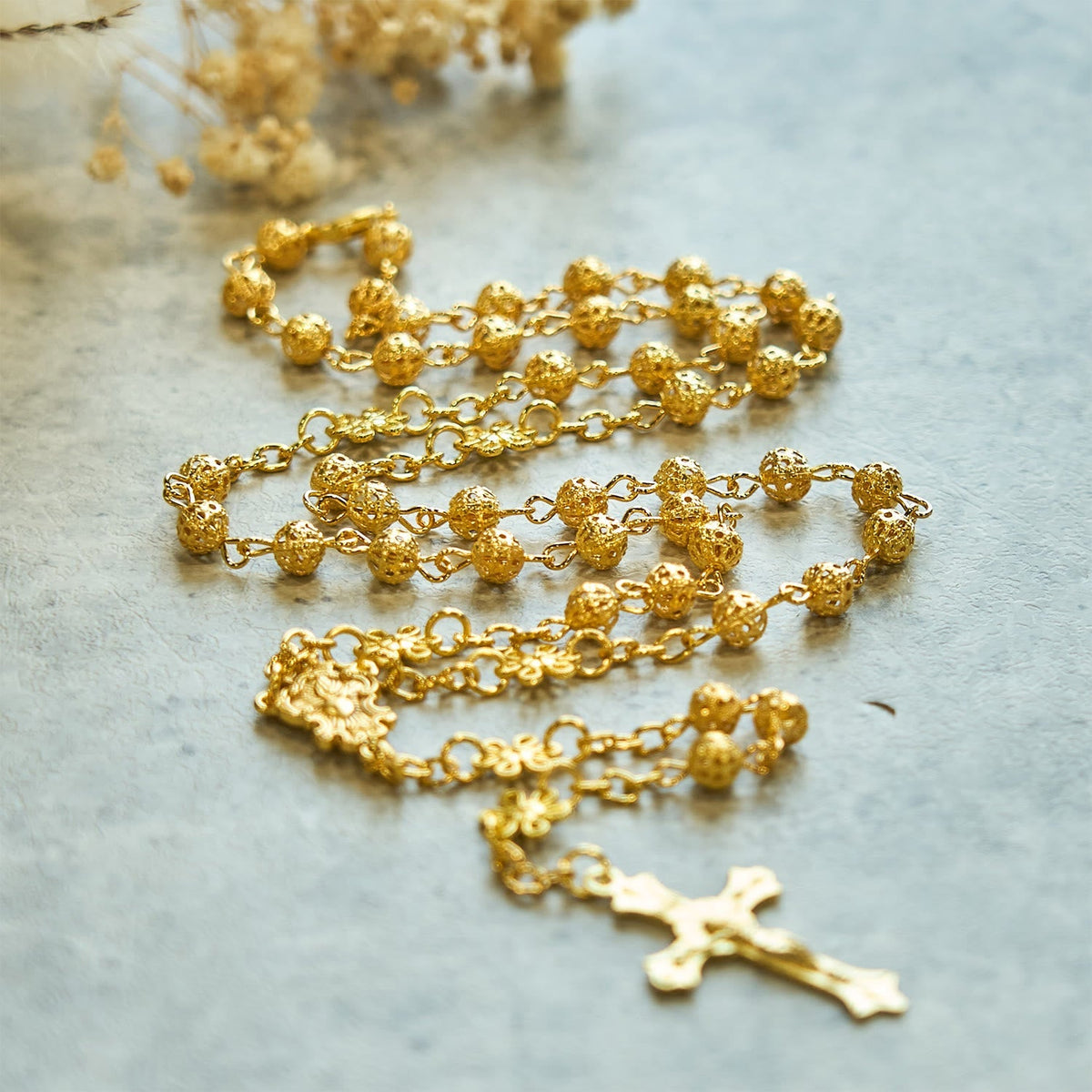Sacred Heart of Jesus & Crucifix of 6mm Golden Metal Ball Flower Necklace
