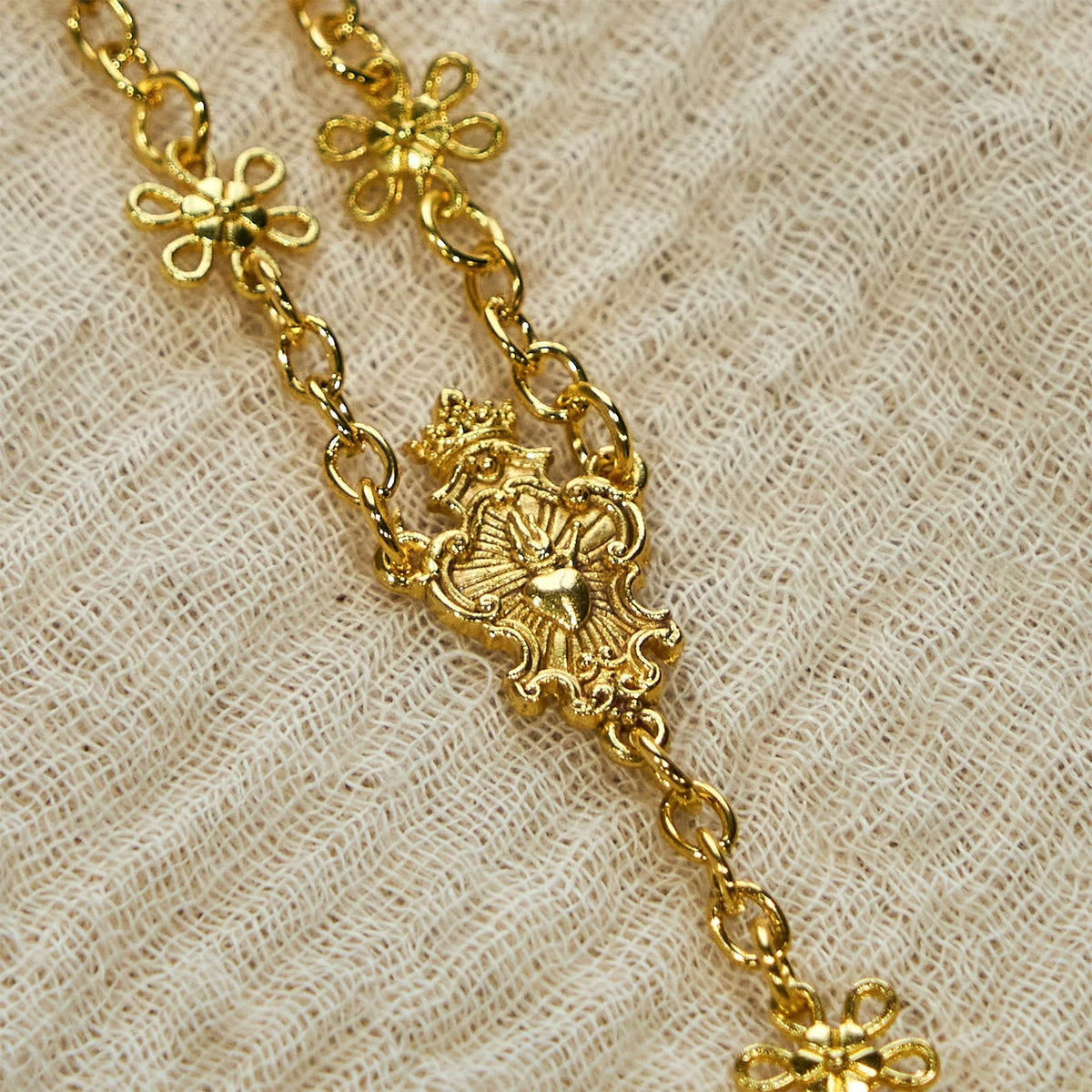 Sacred Heart of Jesus & Crucifix of 6mm Golden Metal Ball Flower Necklace