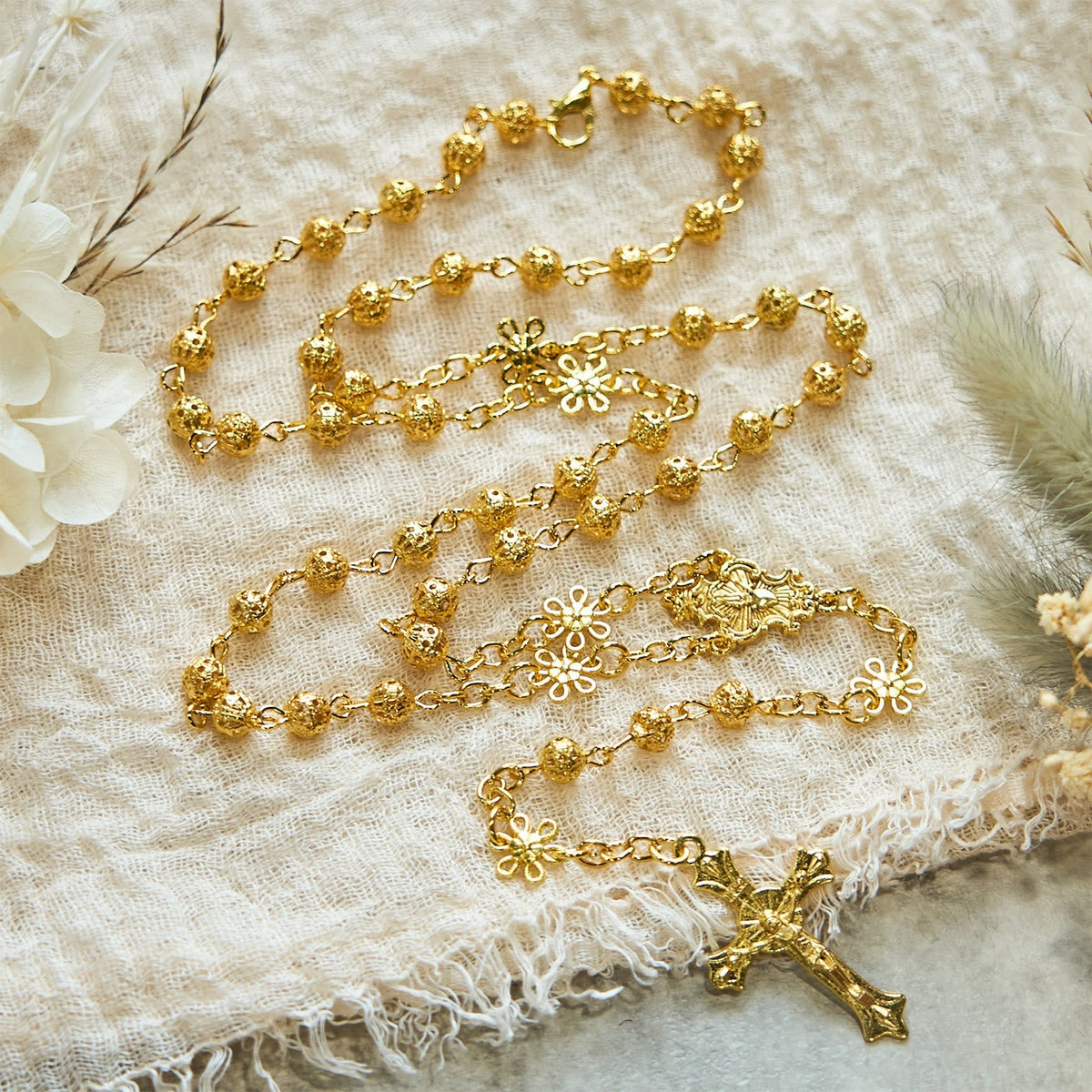 Sacred Heart of Jesus & Crucifix of 6mm Golden Metal Ball Flower Necklace