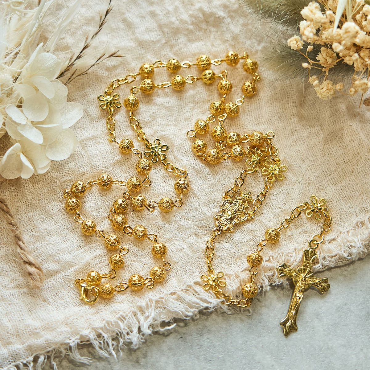 Sacred Heart of Jesus & Crucifix of 6mm Golden Metal Ball Flower Necklace