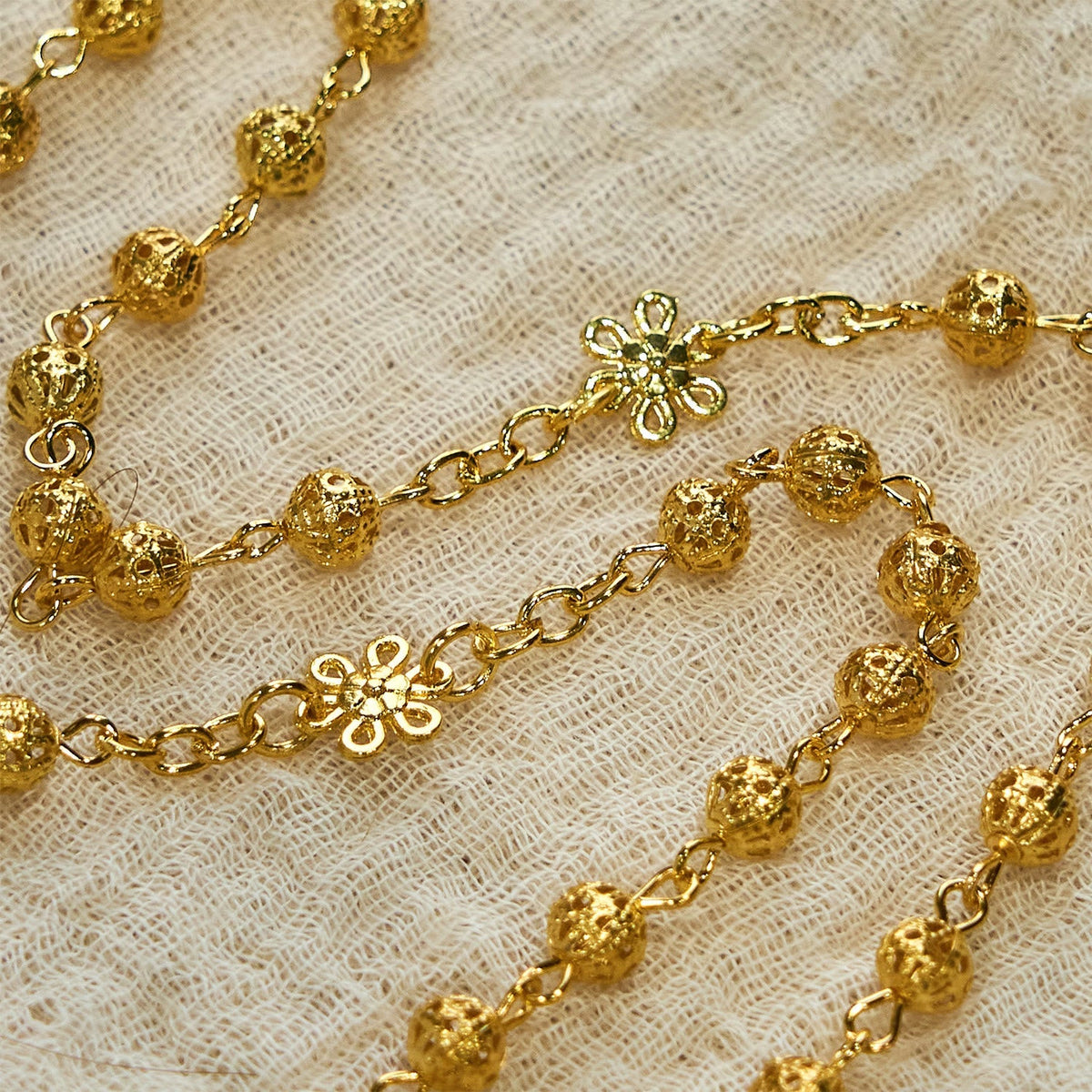 Sacred Heart of Jesus & Crucifix of 6mm Golden Metal Ball Flower Necklace