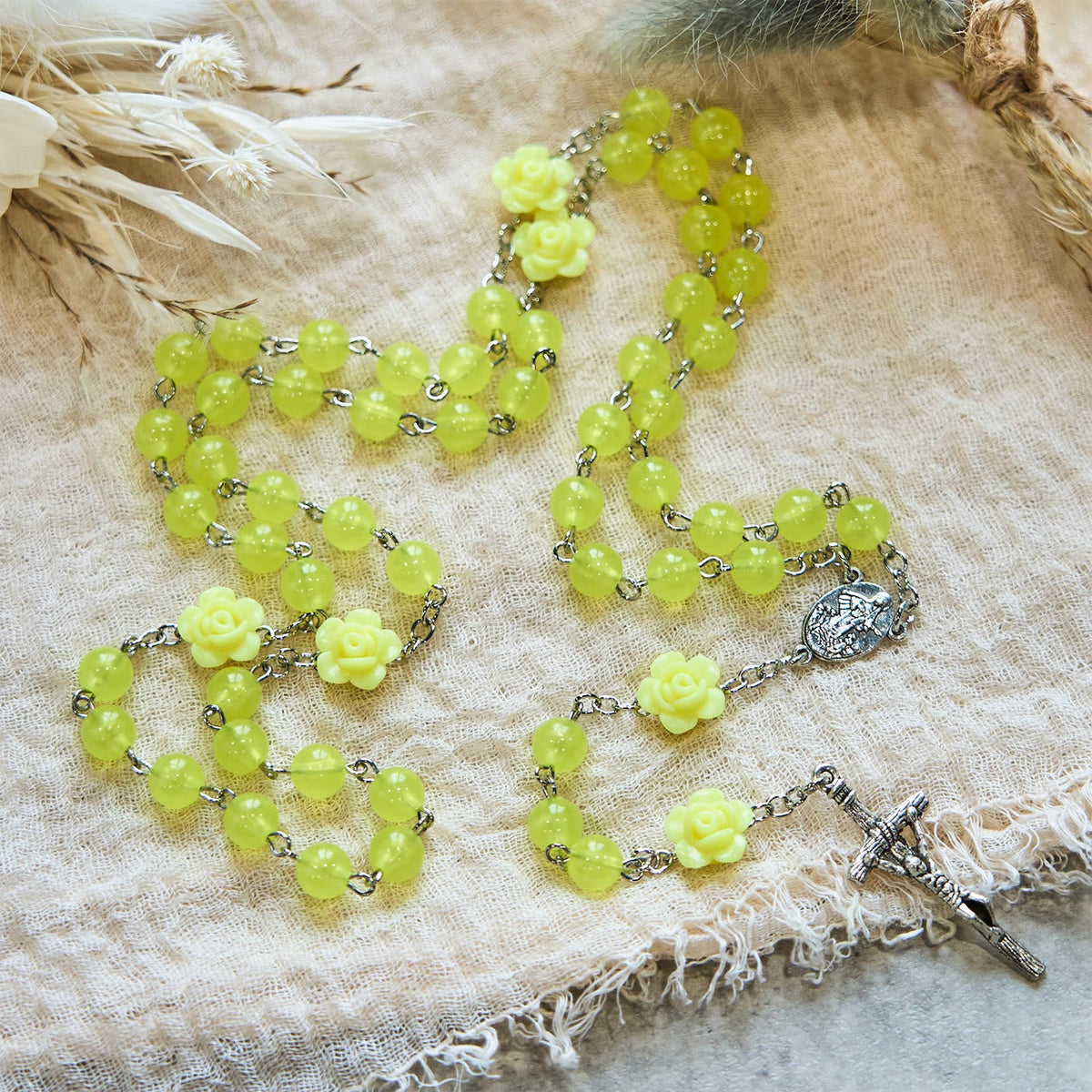 Spring Light Yellow Bead Rosary with Rose Accents: Mary's Blessing in Every Prayer