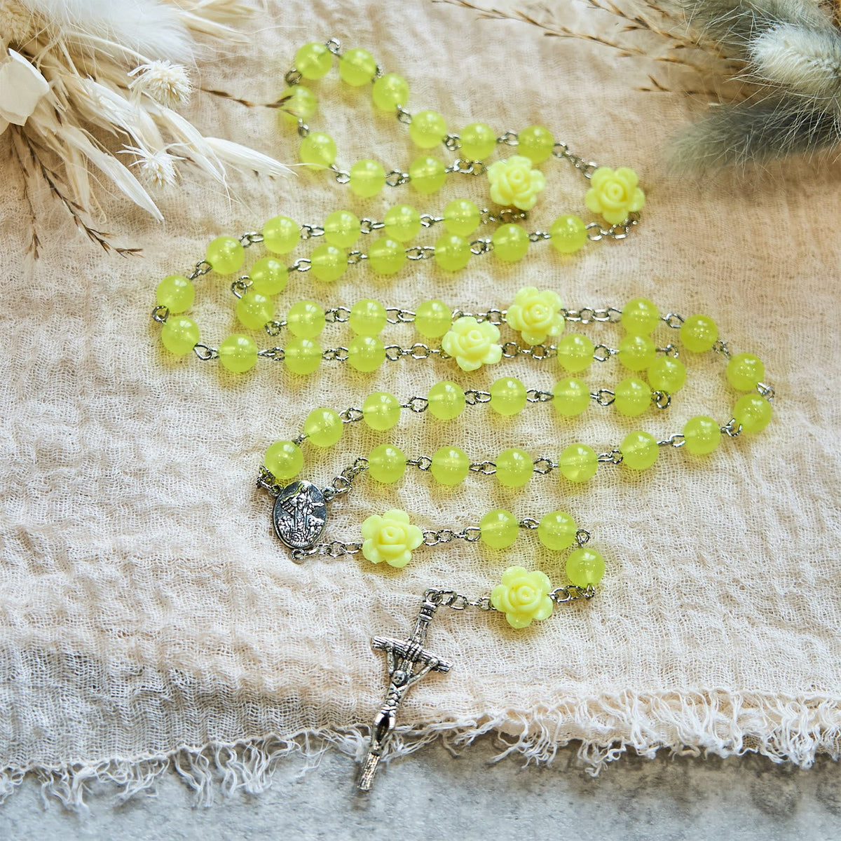 Spring Light Yellow Bead Rosary with Rose Accents: Mary's Blessing in Every Prayer