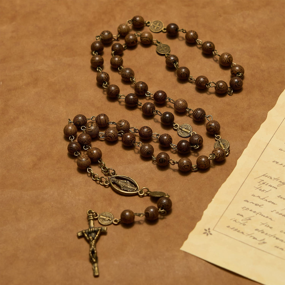 Miraculous Medal & Crucifix St. Benedict Medal 8mm Wooden Beads Rosary