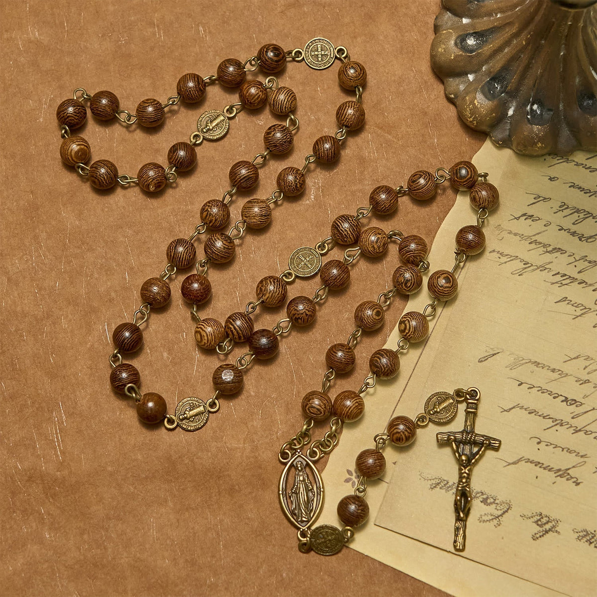 Miraculous Medal & Crucifix St. Benedict Medal 8mm Wooden Beads Rosary