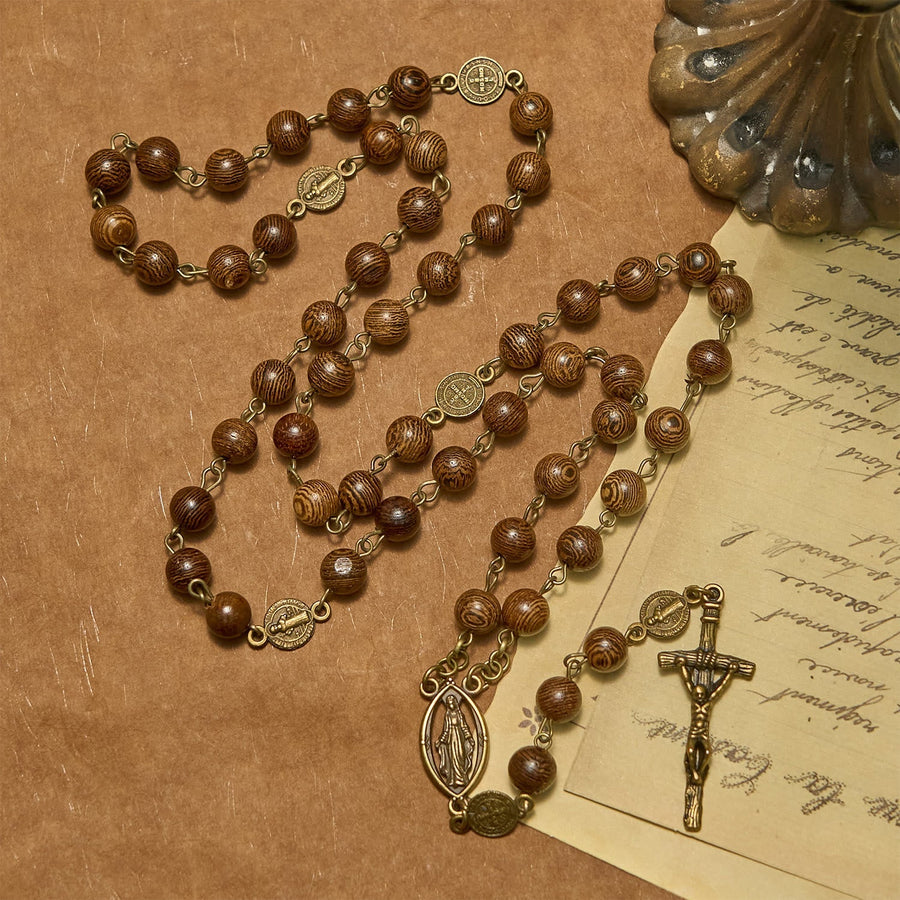Miraculous Medal & Crucifix St. Benedict Medal 8mm Wooden Beads Rosary