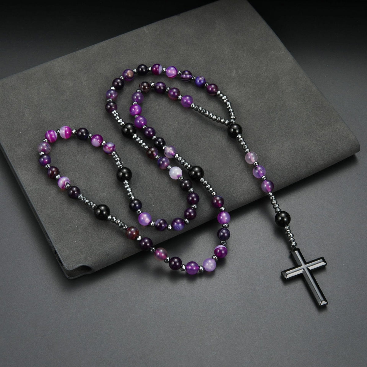 8mm Purple Agate Natural Stone Cross Rosary
