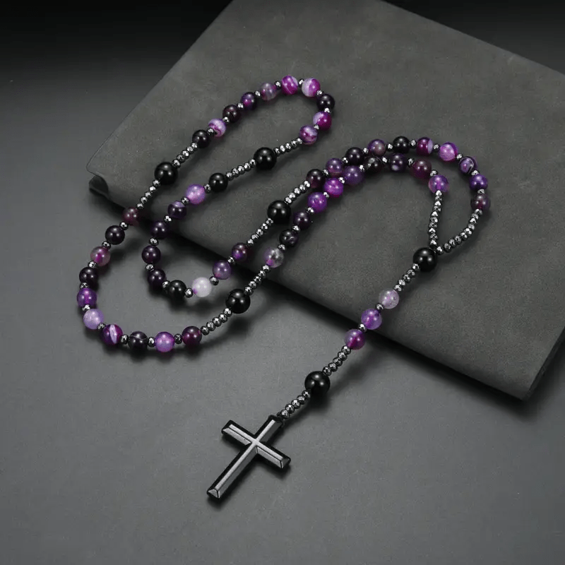 8mm Purple Agate Natural Stone Cross Rosary