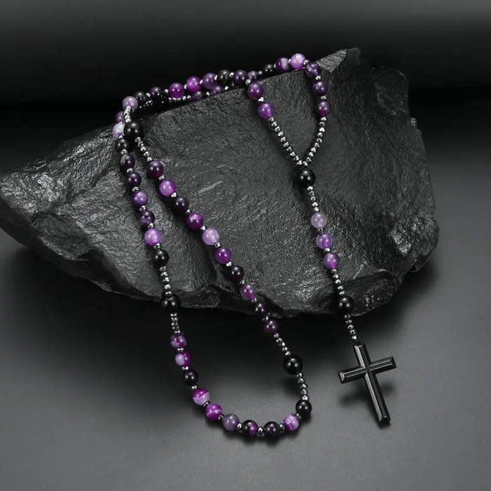 8mm Purple Agate Natural Stone Cross Rosary