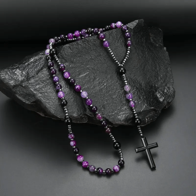 8mm Purple Agate Natural Stone Cross Rosary