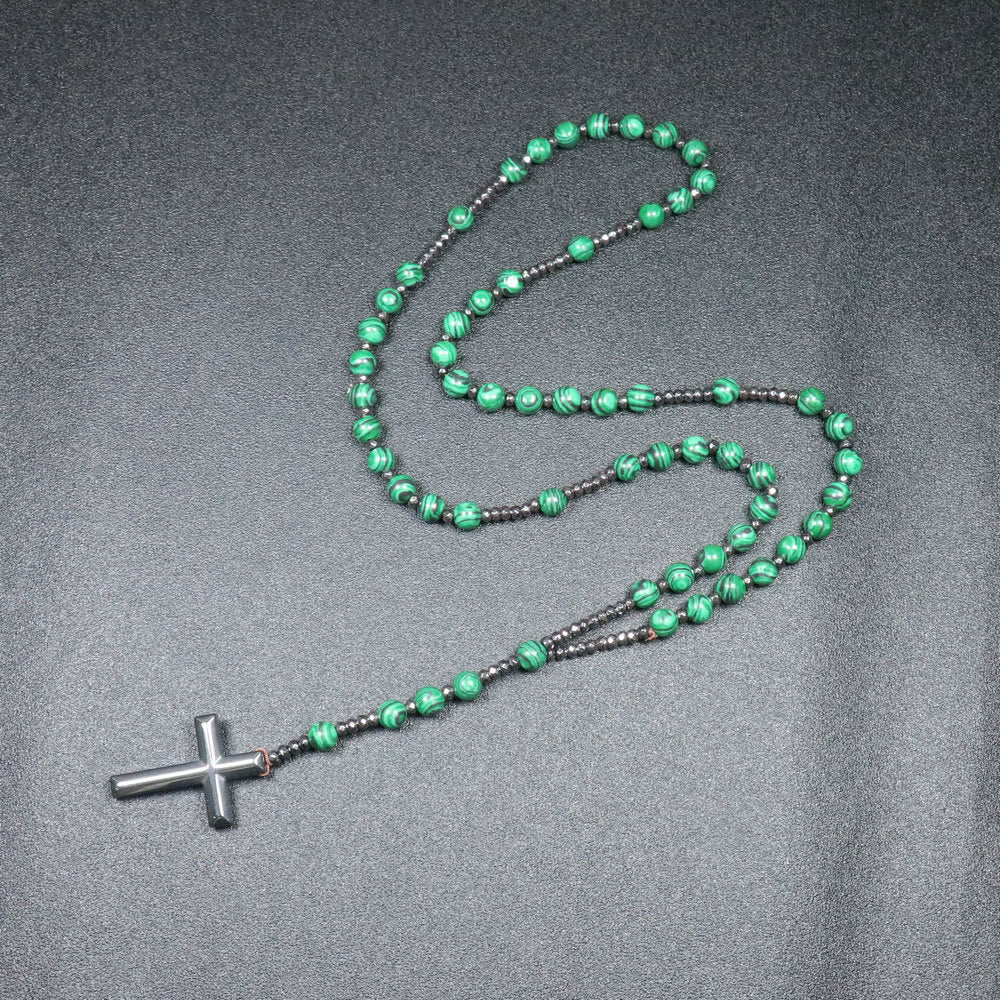 8mm Malachite Beads Iron Gallstone Cross Rosary
