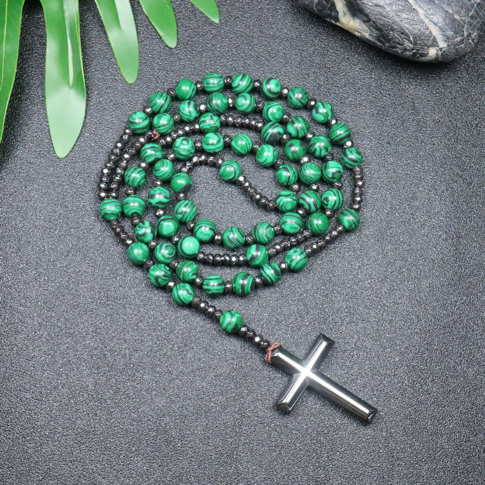 8mm Malachite Beads Iron Gallstone Cross Rosary