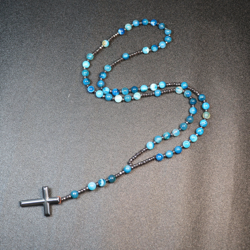 8mm Striped Blue Agate Natural Stone Beads Iron Gallstone Cross Rosary