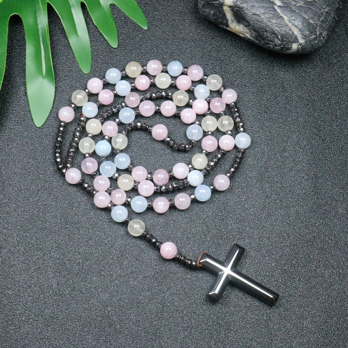 8mm Morganite Beads Iron Gallstone Cross Rosary