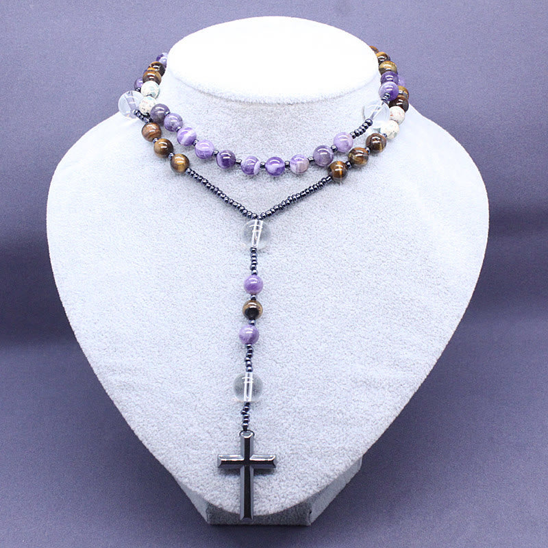 8mm Natural Amethyst Tiger Eye Stone Agate Cross Rosary