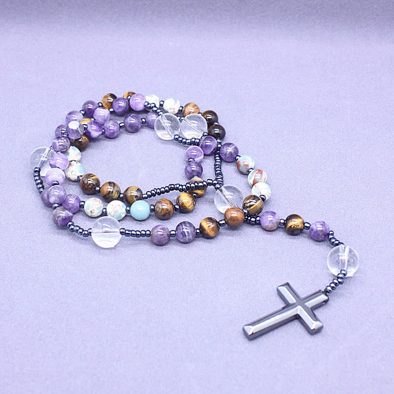8mm Natural Amethyst Tiger Eye Stone Agate Cross Rosary