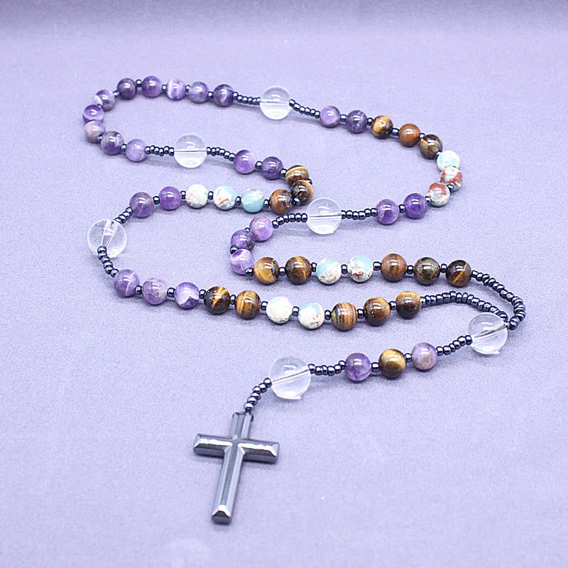 8mm Natural Amethyst Tiger Eye Stone Agate Cross Rosary