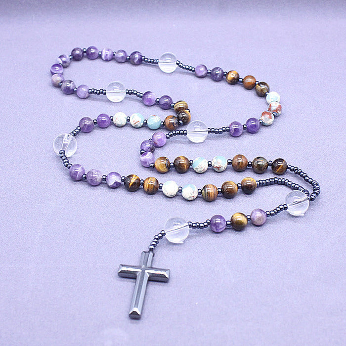 8mm Natural Amethyst Tiger Eye Stone Agate Cross Rosary