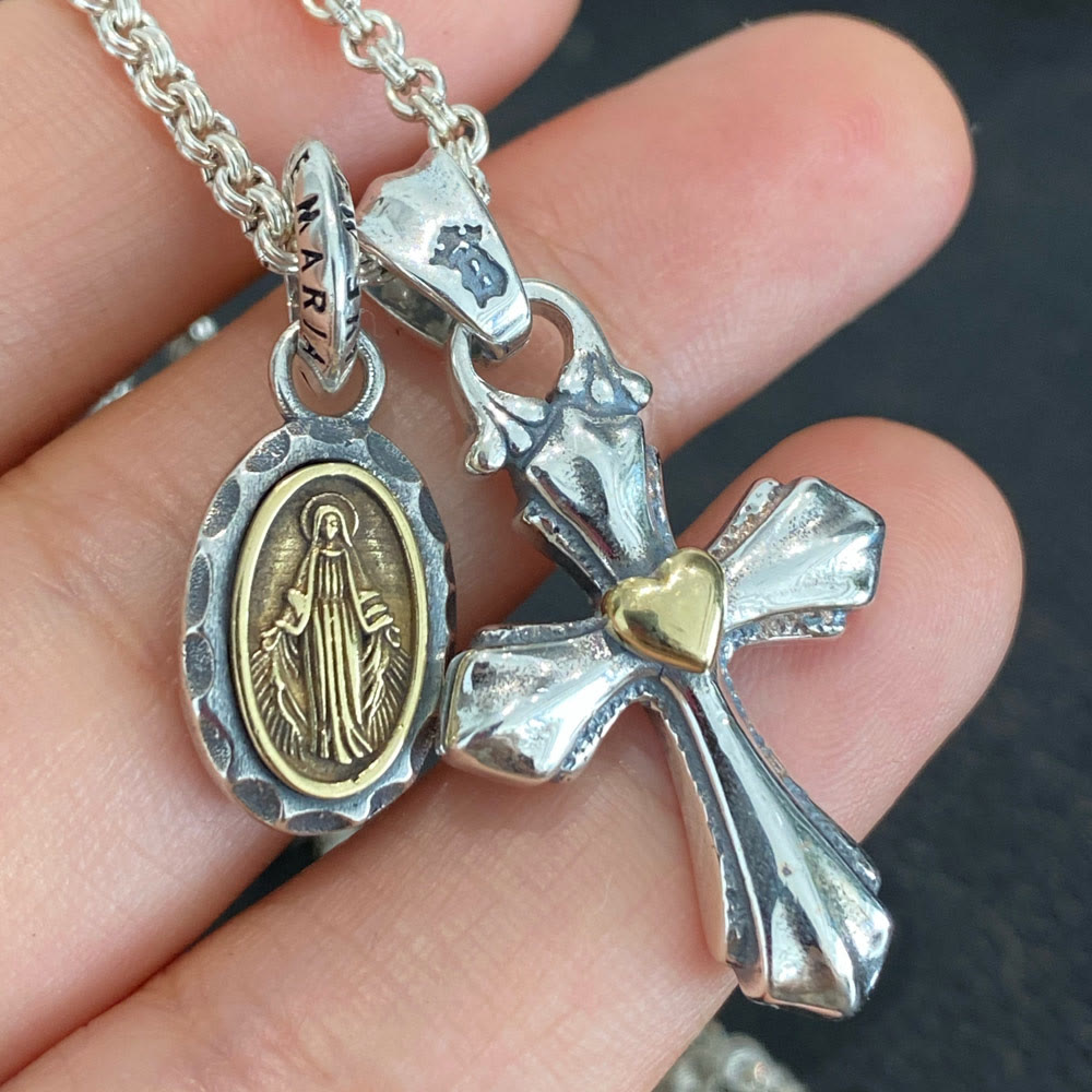 925 Sterling Silver Vintage Necklace with Mary & Cross Charms: Emblem of Faith and Devotion
