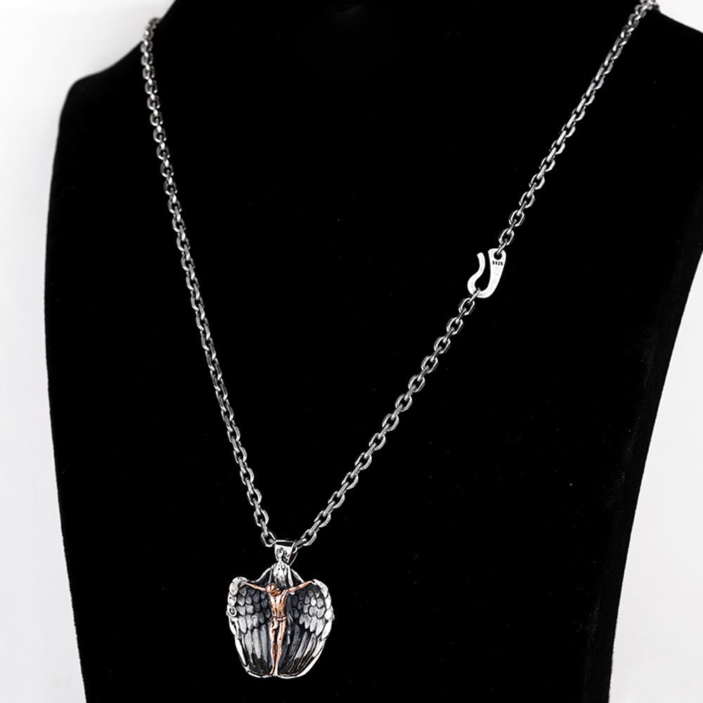 925 Sterling Silver Crucifix with Angel Wings Vintage Necklace: Distinctive Emblem of Divine Grace