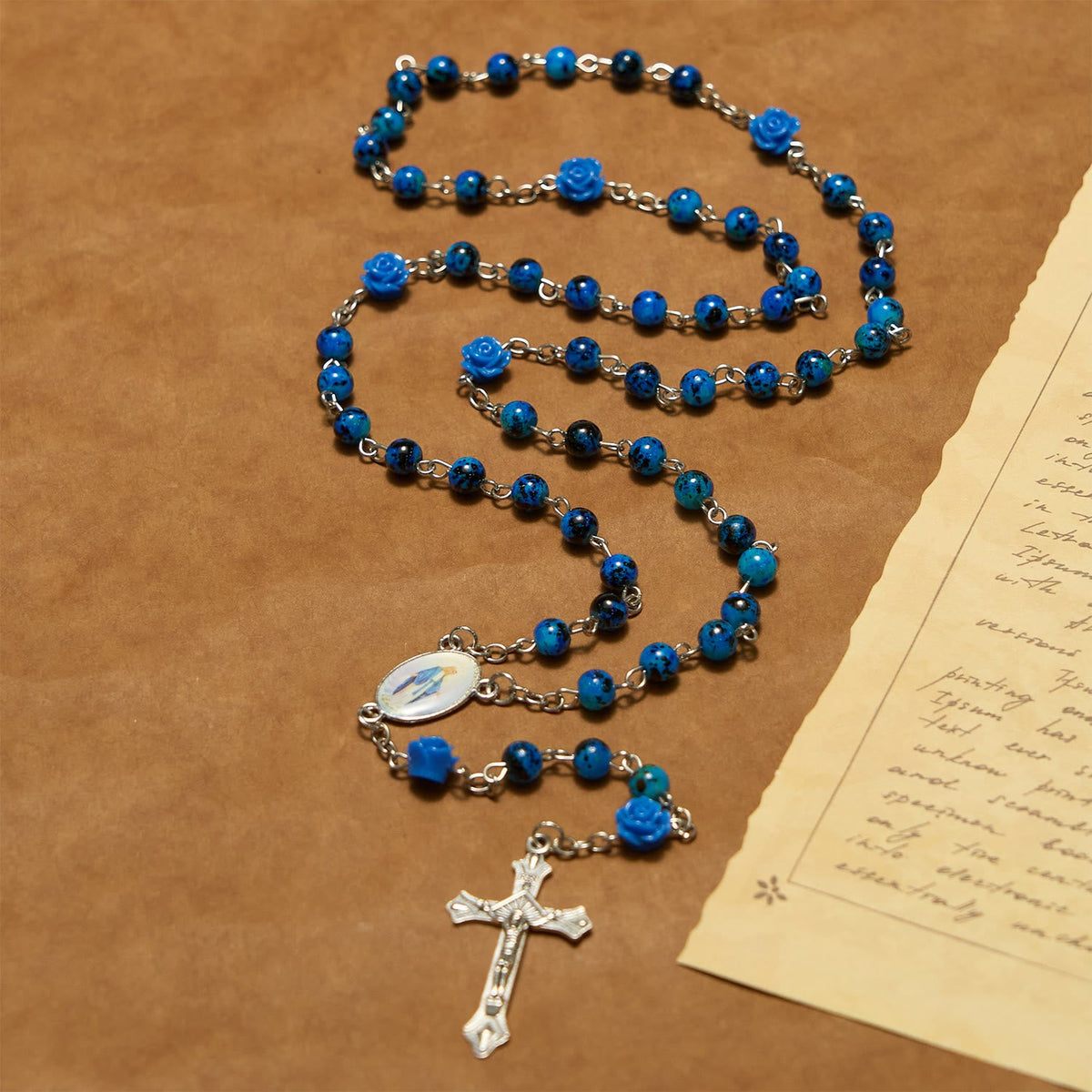 Royal Blue Stone Beads Rose of Miraculous Medal & Crucifix Prayer Rosary