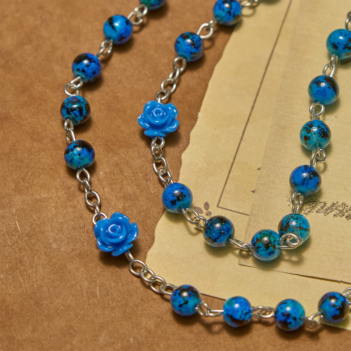 Royal Blue Stone Beads Rose of Miraculous Medal & Crucifix Prayer Rosary