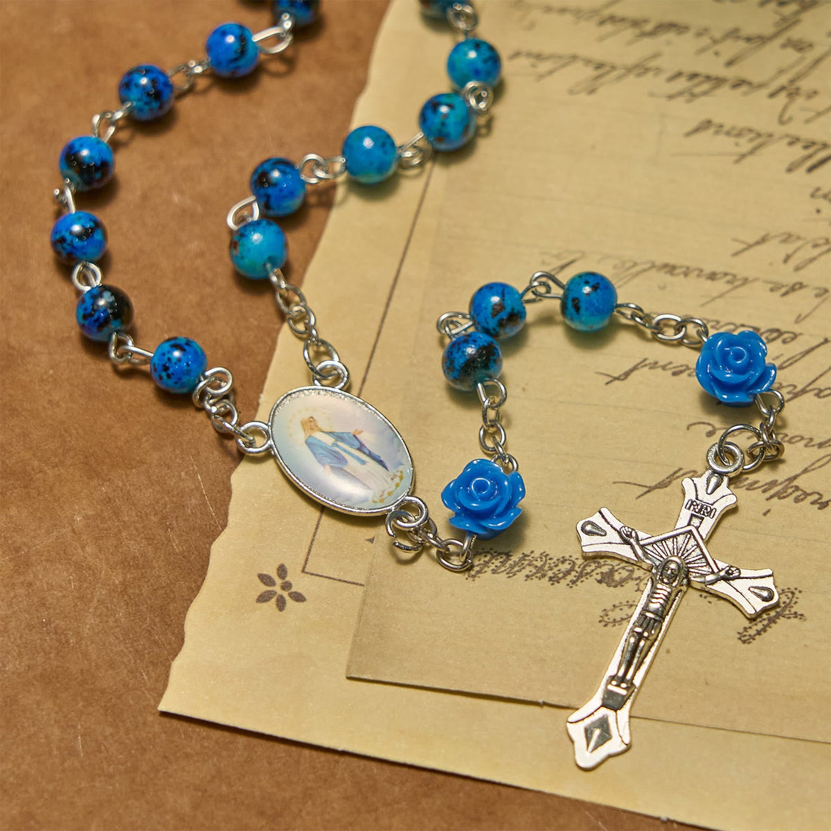 Royal Blue Stone Beads Rose of Miraculous Medal & Crucifix Prayer Rosary