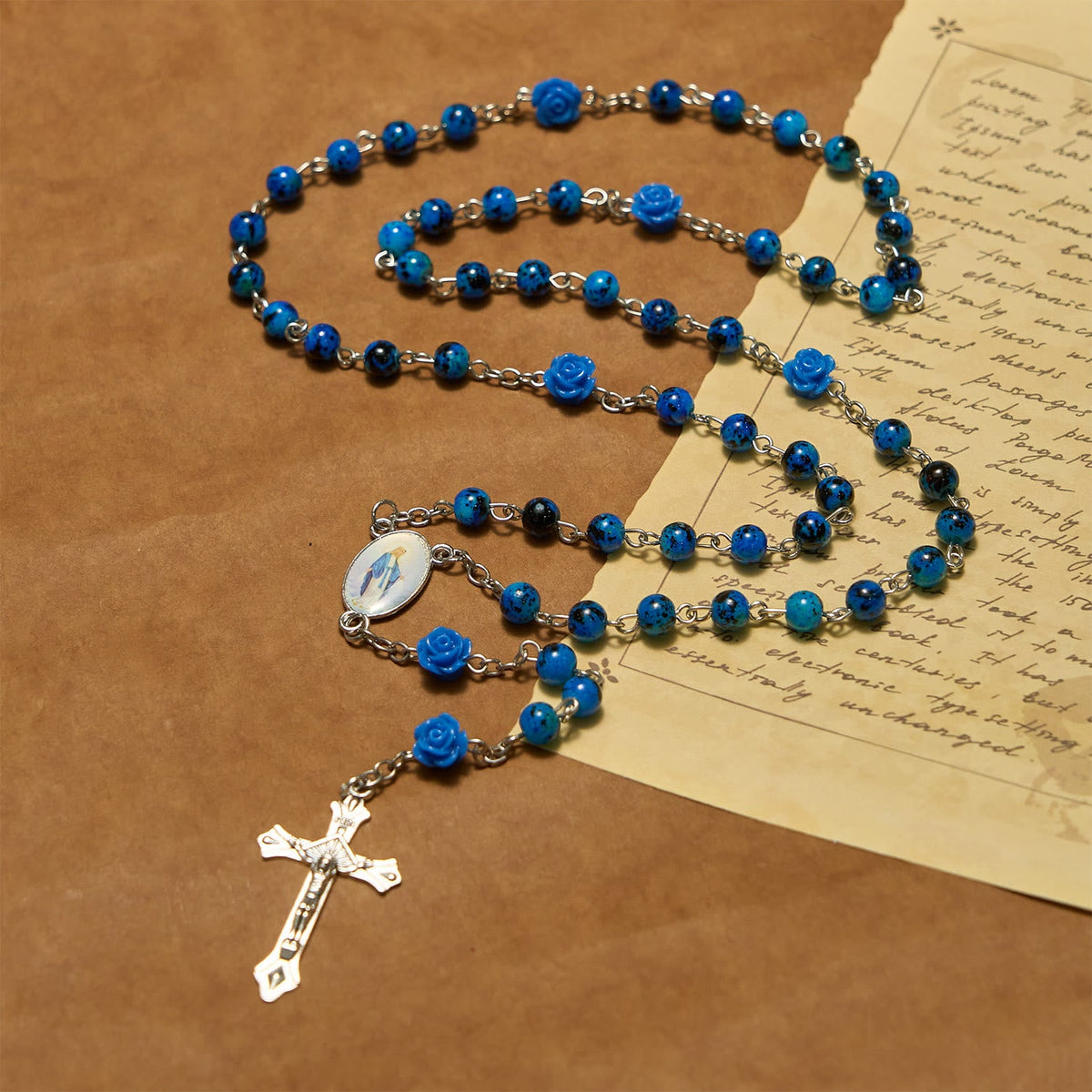 Royal Blue Stone Beads Rose of Miraculous Medal & Crucifix Prayer Rosary