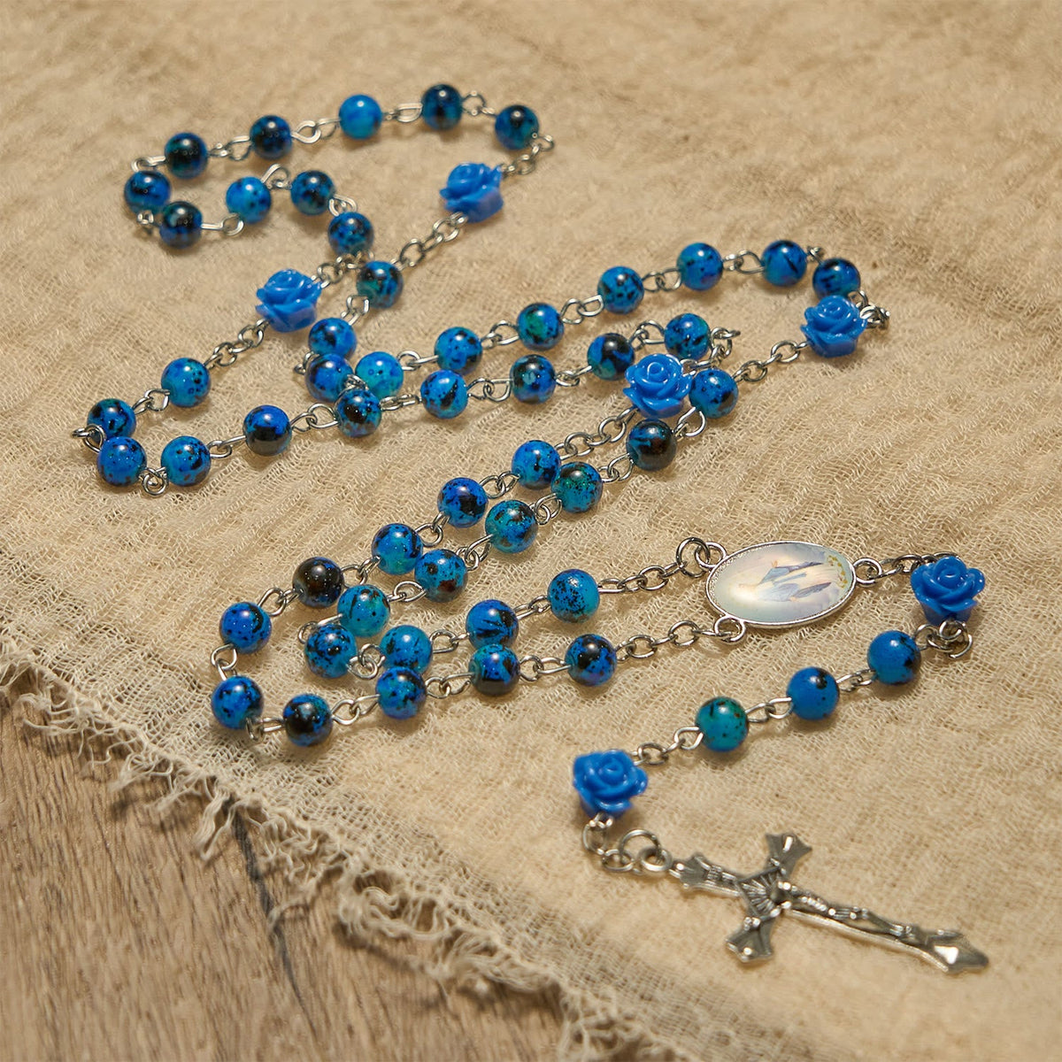 Royal Blue Stone Beads Rose of Miraculous Medal & Crucifix Prayer Rosary