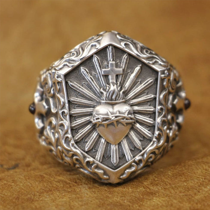 Vintage 925 Sterling Silver Thorned Heart Cross Ring: A Treasured Token of Spiritual Love