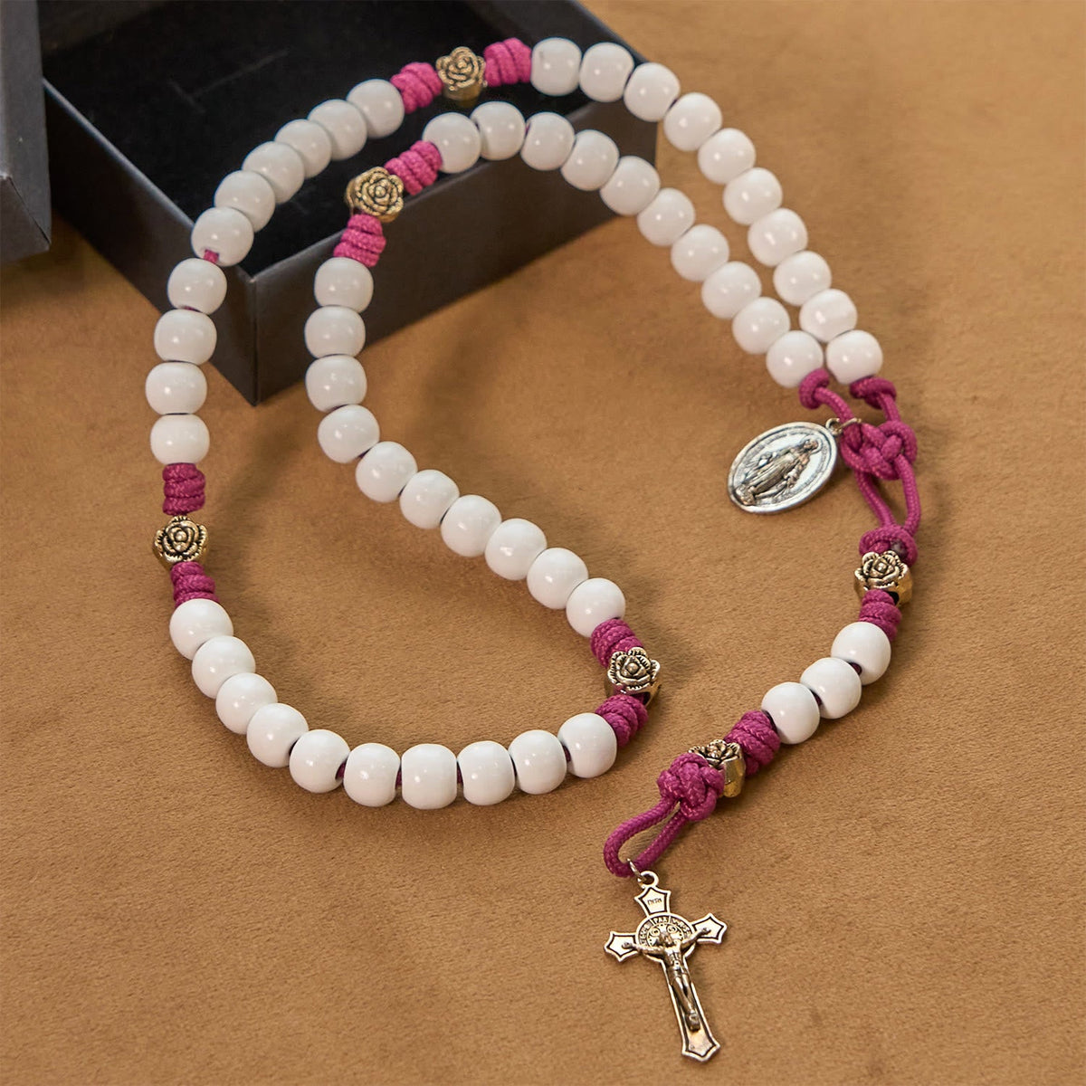 Grace - Infused Rosary: Handmade White Bead Rosary with Mary's Medal and Floral Accents