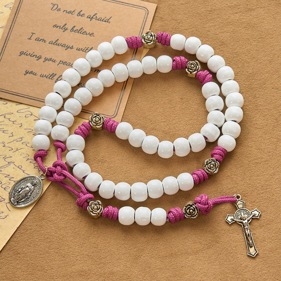 Grace - Infused Rosary: Handmade White Bead Rosary with Mary's Medal and Floral Accents