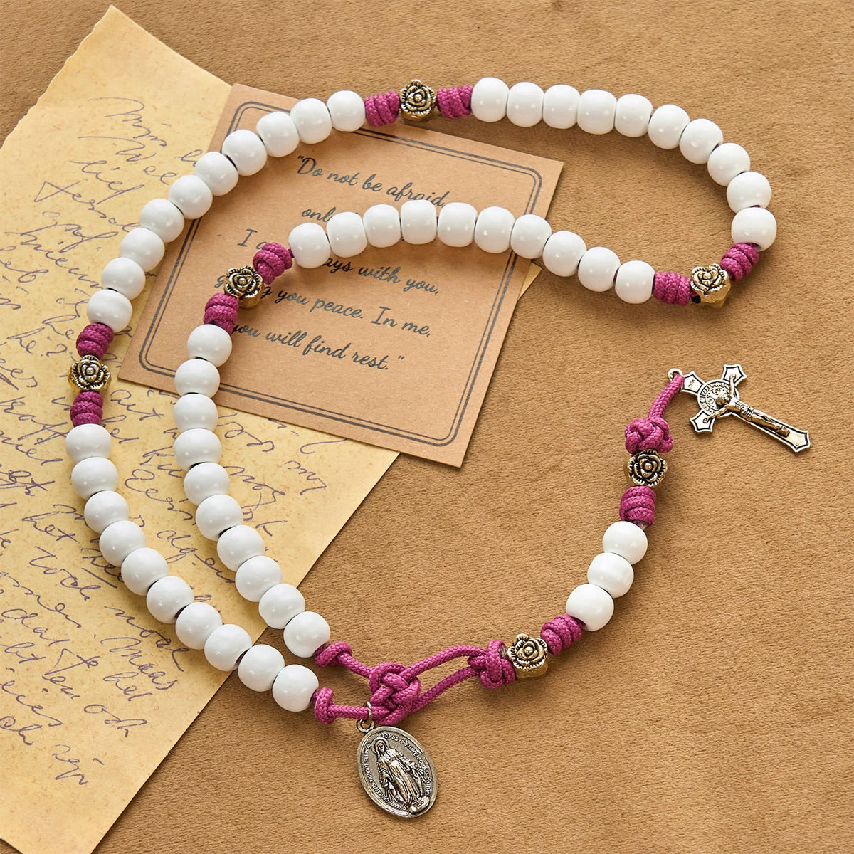 Grace - Infused Rosary: Handmade White Bead Rosary with Mary's Medal and Floral Accents