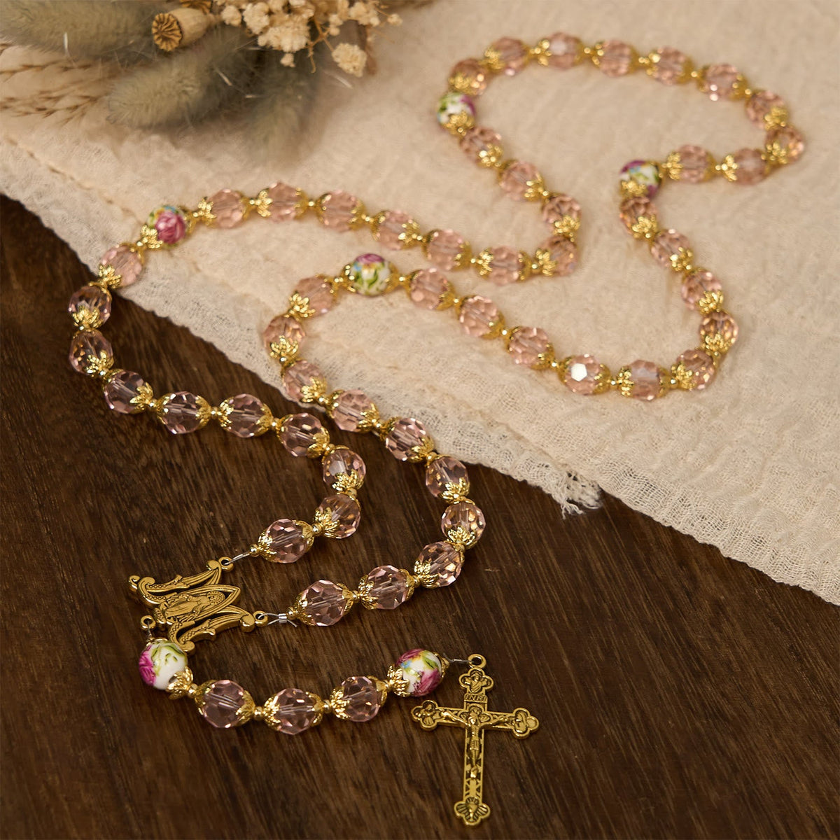 Pink Crystal Beads with Golden Alloy Chain Crucifix & Virgin Mary Prayer Rosary